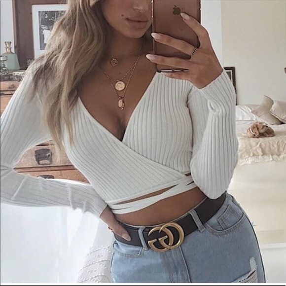 White ribbed wrap around tie crop top long sleeve - Picture 3 of 3